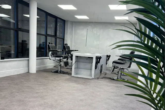 Inside: barber chairs by the windows